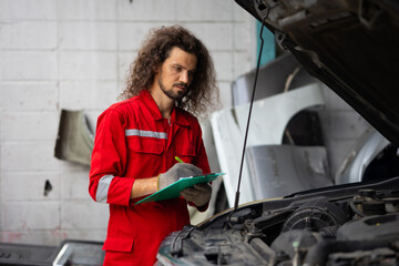 Hispanic latin man mechanic repairs car in garage. Car maintenance and auto service garage concept. Closeup hand and spanner. Insurance agent