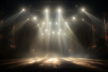 Shining spotlights and empty scene. Elegant promotion design template. Ad, theater, show, - obrazy, fototapety, plakaty