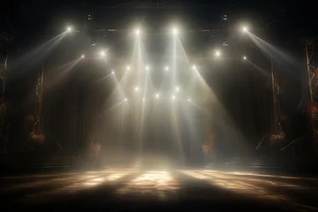 Fotobehang Shining spotlights and empty scene. Elegant promotion design template. Ad, theater, show, © Werckmeister