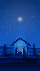 Banner Christmas christian nativity scene, illustration Birth of Christ, Christmas Manger scene with baby jesus surrounded by animals and the three wise men