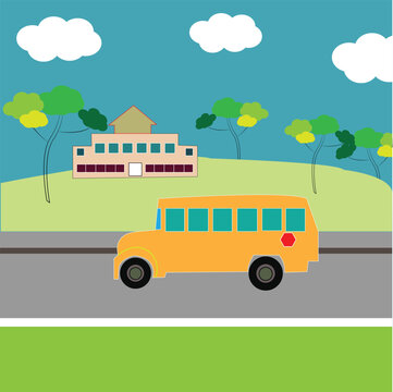 school bus vector design. Yellow school bus and background of sky clouds and road. Design element of transportation education. 