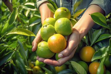 Close up hands of young woman farmer pickup avocado fruit in background of Orchard. Agriculture...