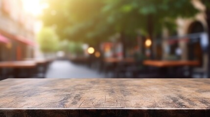 empty table marble blur background of street cafe with bokeh light, Advertisement, Print media, Illustration, Banner, for website, copy space, for word, template, presentation - obrazy, fototapety, plakaty