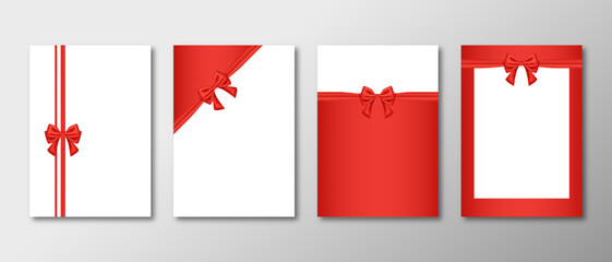 Set of Christmas invitations with red ribbon and bow. VIP invitations to the party. Vector set of invitations on isolated background with shadow. Vector EPS 10