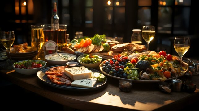 Cheese platter with wine and snacks on wooden table at night
