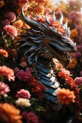 Fototapeta premium Close-up portrait of a dragon with a beautiful wreath around his neck in a flower garden, 2024.
