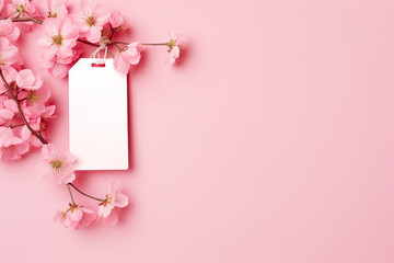 A white label or tag from clothing hangs on a branch of a blossoming cherry tree with a pink background. Free space for placing a product or advertising text.