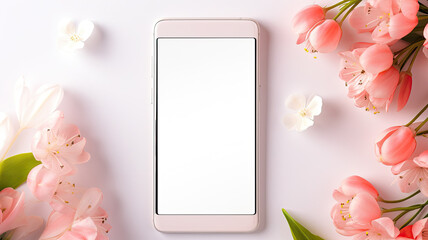 Phone and tulip flowers on a pastel pink background. Free space on the screen for product placement or advertising text.