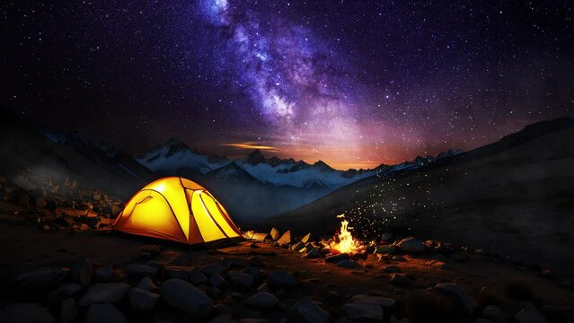 Glowing Camping tent in the evening mountains. Starry Sky and Campfire -4k Seamless Loop