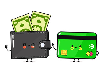 Wallet with money and Credit card character. Vector hand drawn cartoon kawaii characters, illustration icon. Funny cartoon happy Wallet with money and Credit card friends