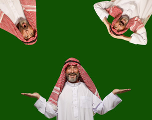 Smiling Arab man expresses happiness and makes choice, creating empty blank space for your text. Isolated on green background, radiates positivity, contentment, and joy of making decisions.