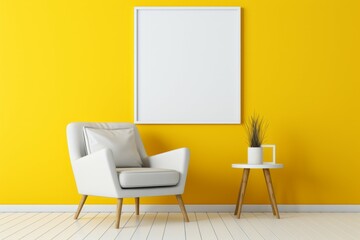 White frame on the yellow wall, Mockup poster 
