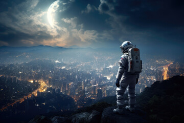Otherworldly View: Astronaut on Hilltop, City Beyond