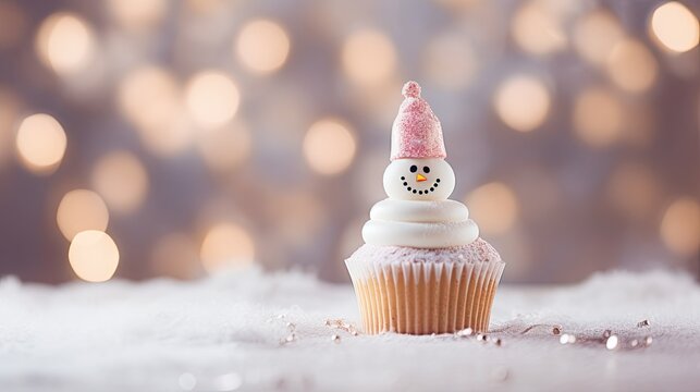  a cupcake with a white frosting and a pink hat on top of it, sitting in the snow.