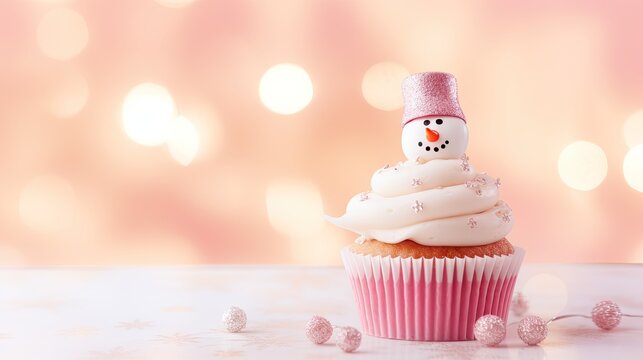  a frosted cupcake with a frosted snowman on top and a pink hat on top of it.