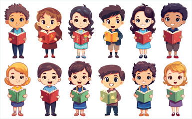 Girls and boy standing in different action characters set,  Set of Happy girl and boy reading the book characters, Set of elements for creating girl and boy character