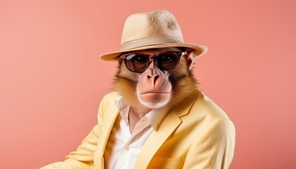 Cute monkey wearing stylish sunglasses and trendy hat on pastel background for travel concept
