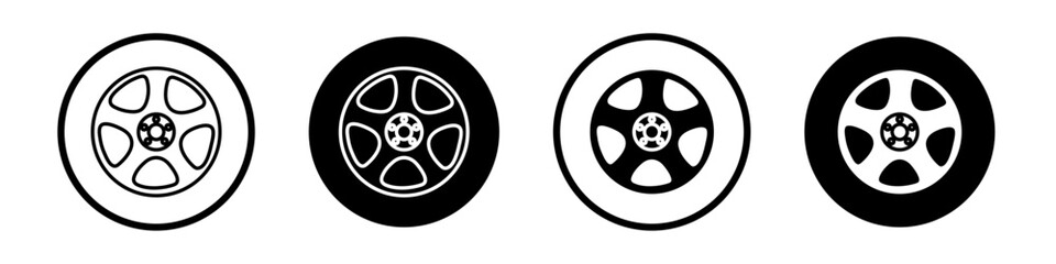 Car hubcap vector icon set. Automobile alloy disk symbol. Truck tyre trim icon in black and white color. - obrazy, fototapety, plakaty