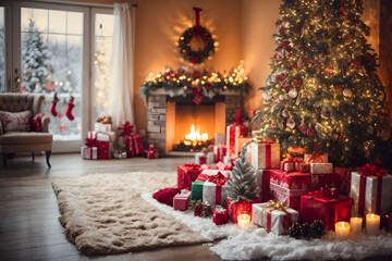 Fototapeta na wymiar Festive Christmas decor, christmas tree, magical, fireplace, celebrations, ornaments, winter, santa
