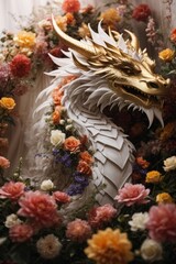 Fototapeta premium Close-up portrait sideways golden head of a beautiful white dragon surrounded by colorful roses. 2024.