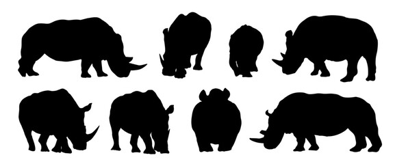 A set of African white rhinos silhouettes. White rhinos and their cubes. Realistic vector animal