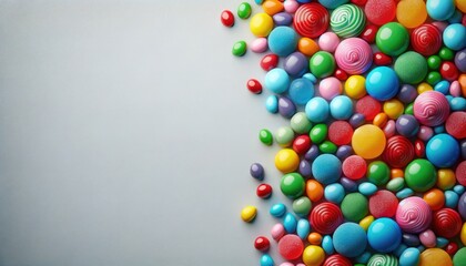 A wide, high-resolution image with a colorful jelly candies scattered on the right side of a light grey matte background, ensuring plenty of empty space