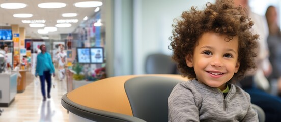 Close up photo of a cheerful smiling little elementary school child sitting in pediatric clinic hospital on chairs keeping calm with copyspace - obrazy, fototapety, plakaty