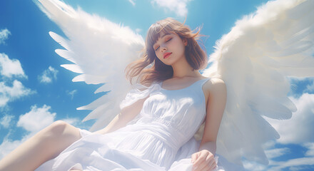 Angel young woman with large white fluffy wings against a blue sunny sky. Creative concept of guardian angel, religion, faith and hope.  - obrazy, fototapety, plakaty