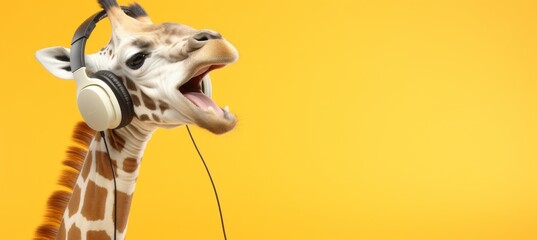 Happy giraffe wearing headphones on pastel background with copy space for text placement
