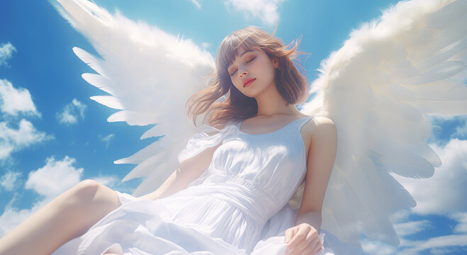 Angel young woman with large white fluffy wings against a blue sunny sky. Creative concept of guardian angel, religion, faith and hope. 