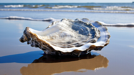 Beautiful oyster on the seashore. Open Shell on the sandy shore of the beach near the sea waves.  - obrazy, fototapety, plakaty