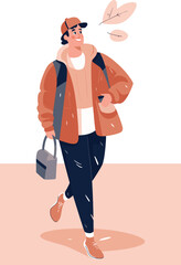 A young man in a brown jacket with a backpack. Vector illustration in a flat style.