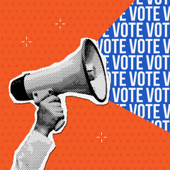 Hand holding a megaphone from which comes title - VOTE. Trendy halftone collage for 2024 politics elections. Vector dotted Cutouts magazines. - obrazy, fototapety, plakaty