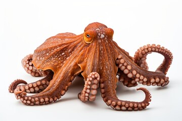 Close up of a vibrant orange octopus with tentacles, isolated against a clean white background