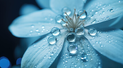 Macro close-up shot of blue flower petals with dewdrops. Beautiful flower with raindrops on the petal. Creative wallpaper, screensaver with charming flora.  - obrazy, fototapety, plakaty
