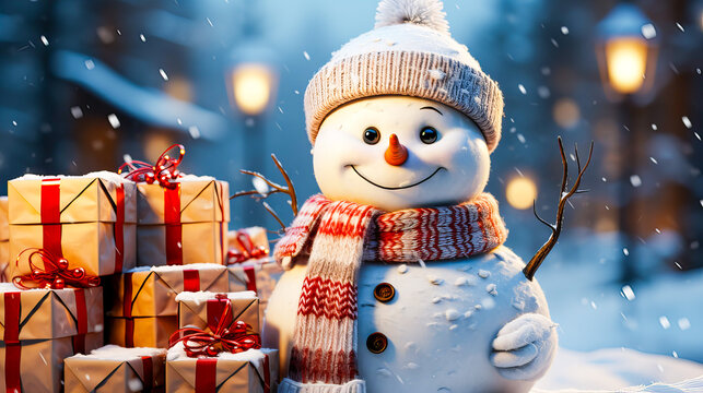 3d render of happy snowman with gift boxes in snowy forest. Christmas and New Year concept. Generative AI technology.