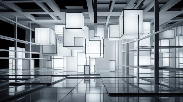  a black and white photo of a room with a lot of squares and cubes hanging from it's ceiling.