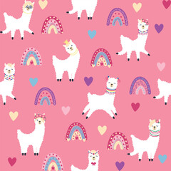 Cute pattern with llamas, cacti, Alps mountains, dream catcher, rainbows and hearts. Children s room design © MichiruKayo