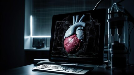 Red heart model on doctor's computer. Diagnose treatment virtual human organ on modern interface screen. Healthcare medicine medical innovation technology. Online patient consultation. Cardiovascular