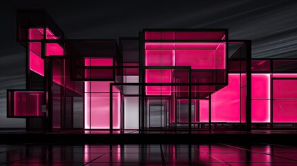  a black and pink photo of a building with lots of windows and a clock on the side of the building.