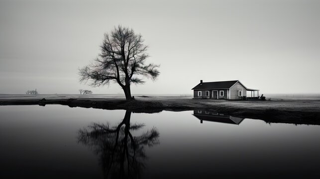  a black and white photo of a house with a tree in the foreground and a body of water in the foreground.