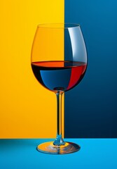 Wineglass with red wine over blue and yellow background.