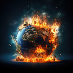 Global Earth collapse, burning, destroyed by fire. Conceptual illustration of global warming, caused by the excesses of the world of finance and industry - Generative AI - obrazy, fototapety, plakaty