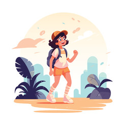 Happy Smiling Girl with Backpack Walking in the Park. Vector Illustration