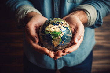 Hands holding Earth globe while standing, as a symbol for environmental protection and care of the planet. Earth Day environment concept - Generative AI