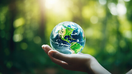 Hands holding Earth in a hand in the forest, as a symbol for environmental protection and care of the planet. Earth Day environment concept - Generative AI