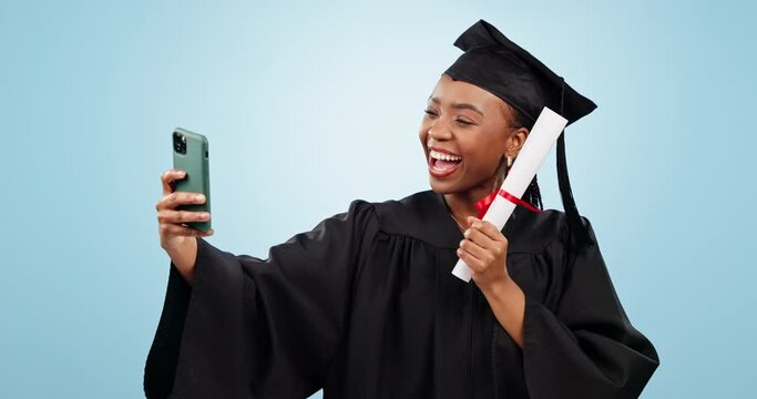 Graduation selfie, happy woman or student in college profile picture, diploma or certificate on blue background. Graduate success, social media and african person for university achievement in studio