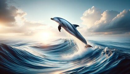 Horizontal photo of a leaping dolphin, dynamic, detailed, ocean background.
