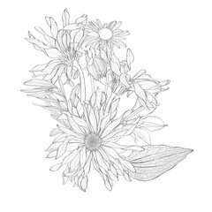 Bouquet with sunflowers gerbera in line art style. For wedding, birthday, anniversary.