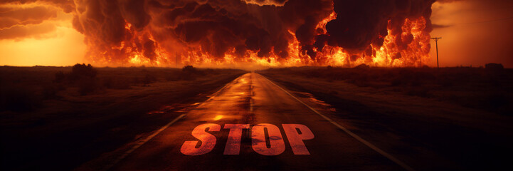 fear of the future - a road to uncertainty, highway to hell, lettering "STOP" on the asphalt on a long road into a burning horizon